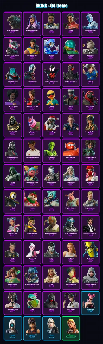 [PS4/PS5/XBOX/PC] | Godzilla Evolved | Raven Team Syd | Shuri | Kendo | Glacial Dummy | 64 skin | 140 pickaxe | 95 emote | 95 glider | Lv2274