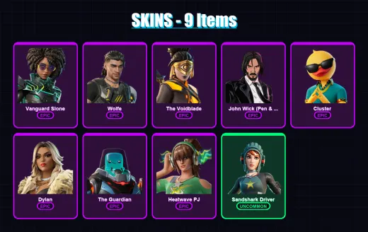 [PS4/PS5/XBOX/PC] | Vanguard Slone | Wolfe | The Voidblade | John Wick (Pen & Ink) | Cluster | 9 skin | 22 pickaxe | 19 emote | 17 glider | Lv169