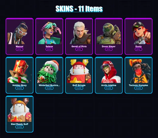 [PC/XBOX/PSN] | Massai | Selene | Geralt of Rivia | Doom Slayer | Dusty | 11 skin | 14 pickaxe | 15 emote | 18 glider | Lv188