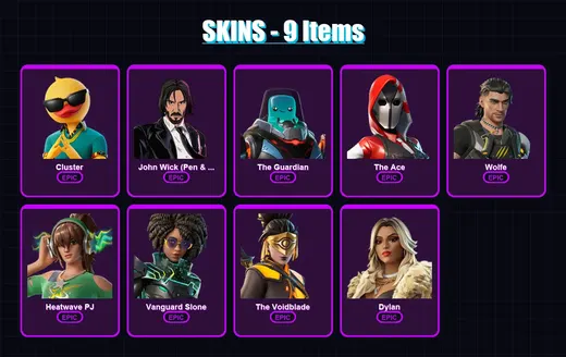 [PC/XBOX/PSN] | Cluster | John Wick (Pen & Ink) | The Guardian | The Ace | Wolfe | 9 skin | 16 pickaxe | 15 emote | 14 glider | Lv223