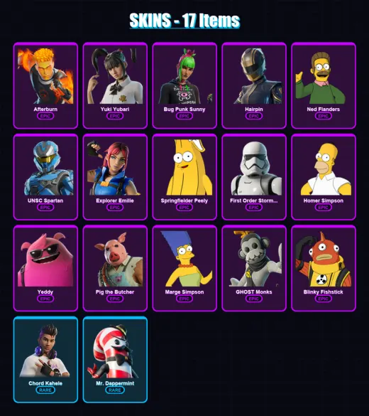 [PC/XBOX] | Afterburn | Yuki Yubari | Bug Punk Sunny | Hairpin | Ned Flanders | 17 skin | 50 pickaxe | 24 emote | 39 glider | Lv484