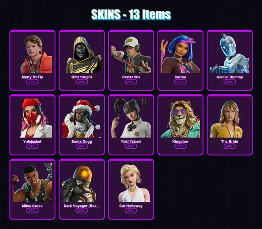 [PC/XBOX/PSN] | Marty McFly | Blitz Knight | Carter Wu | Carina | Glacial Dummy | 13 skin | 52 pickaxe | 21 emote | 34 glider | Lv379 — Game account