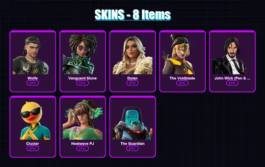 [PC/XBOX/PSN] | Wolfe | Vanguard Slone | Dylan | The Voidblade | John Wick (Pen & Ink) | 8 skin | 20 pickaxe | 15 emote | 20 glider | Lv379