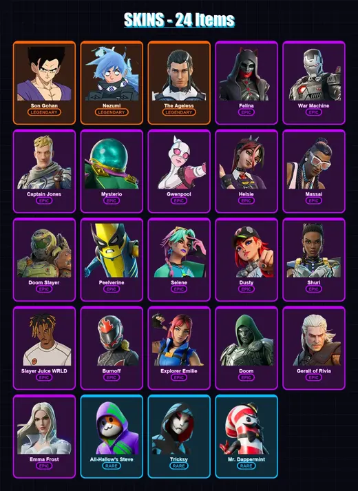 [PC/XBOX/PSN] | Son Gohan | Nezumi | The Ageless | Felina | War Machine | 24 skin | 56 pickaxe | 38 emote | 42 glider | Lv672