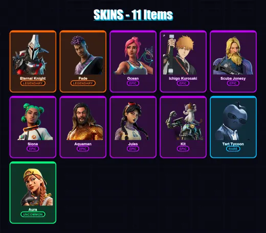 [PC/XBOX/PSN] | Eternal Knight | Fade | Ocean | Ichigo Kurosaki | Scuba Jonesy | 11 skin | 18 pickaxe | 23 emote | 24 glider | Lv337