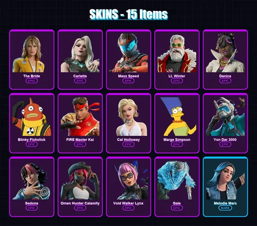 [PC/PSN] | The Bride | Carletta | Maxx Speed | Lt. Winter | Danica | 15 skin | 28 pickaxe | 18 emote | 17 glider | Lv96