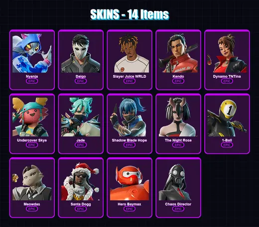 [PC/XBOX/PSN] | Nyanja | Daigo | Slayer Juice WRLD | Kendo | Dynamo TNTina | 14 skin | 22 pickaxe | 20 emote | 18 glider | Lv211 — Game account