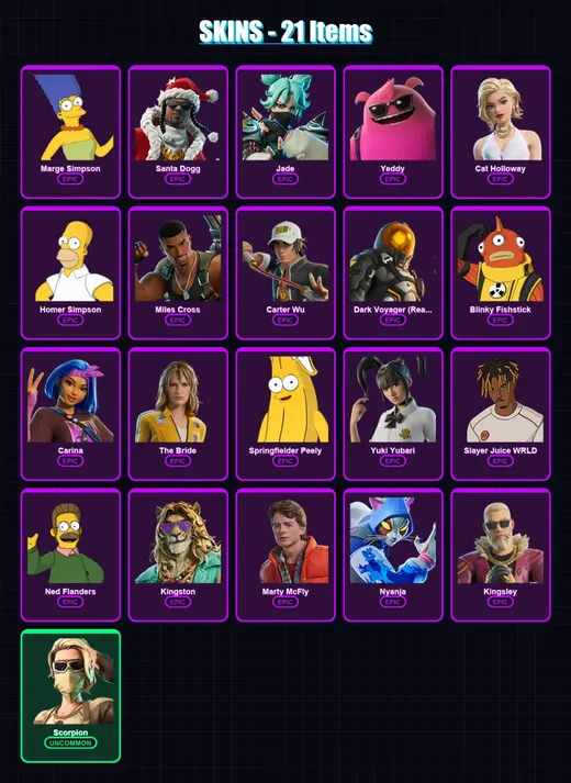 [PS4/PS5/XBOX/PC] | Marge Simpson | Santa Dogg | Jade | Yeddy | Cat Holloway | 21 skin | 54 pickaxe | 33 emote | 33 glider | Lv391 — Game account