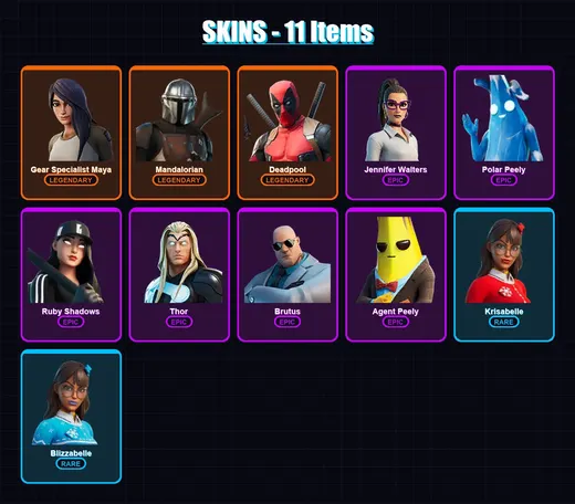 [PC/XBOX/PSN] | Gear Specialist Maya | Mandalorian | Deadpool | Jennifer Walters | Polar Peely | 11 skin | 13 pickaxe | 11 emote | 19 glider | Lv229