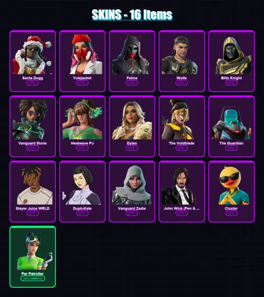 [PC/XBOX/PSN] | Santa Dogg | Yulejacket | Felina | Wolfe | Blitz Knight | 16 skin | 77 pickaxe | 31 emote | 47 glider | Lv1047 — Game account
