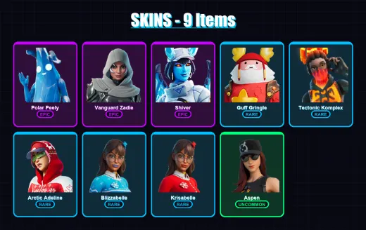 [PC/XBOX] | Polar Peely | Vanguard Zadie | Shiver | Guff Gringle | Tectonic Komplex | 9 skin | 42 pickaxe | 40 emote | 36 glider | Lv1330