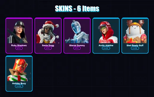 [PC/XBOX/PSN] | Ruby Shadows | Santa Dogg | Glacial Dummy | Arctic Adeline | Sled Ready Guff | 6 skin | 28 pickaxe | 18 emote | 25 glider | Lv287