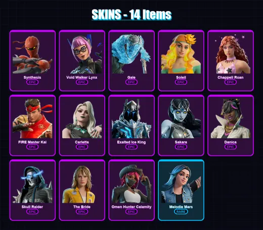 [PC/PSN] | Synthesis | Void Walker Lynx | Gale | Soleil | Chappell Roan | 14 skin | 8 pickaxe | 2 emote | 3 glider | Lv6