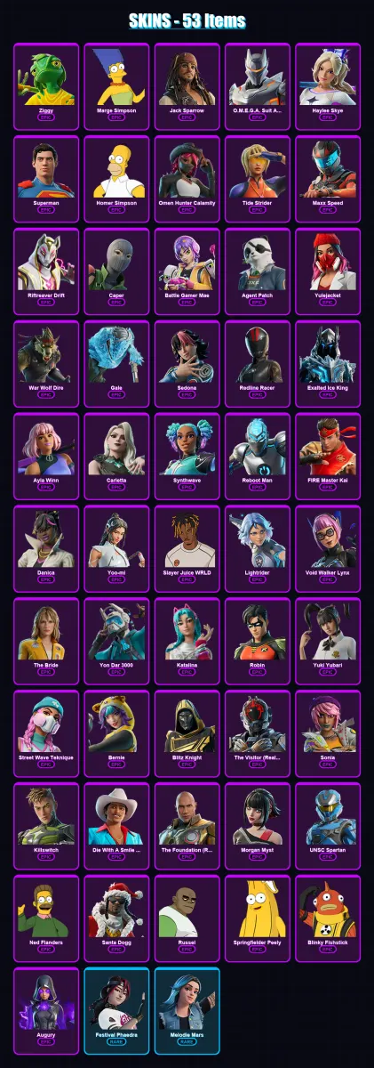 [PC/PSN] | Ziggy | Marge Simpson | Jack Sparrow | O.M.E.G.A. Suit Alpha | Haylee Skye | 53 skin | 67 pickaxe | 40 emote | 44 glider | Lv353