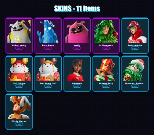 [PC/XBOX/PSN] | Kickoff Yeddy | Polar Peely | Yeddy | Lt. Evergreen | Arctic Adeline | 11 skin | 8 pickaxe | 7 emote | 10 glider | Lv29