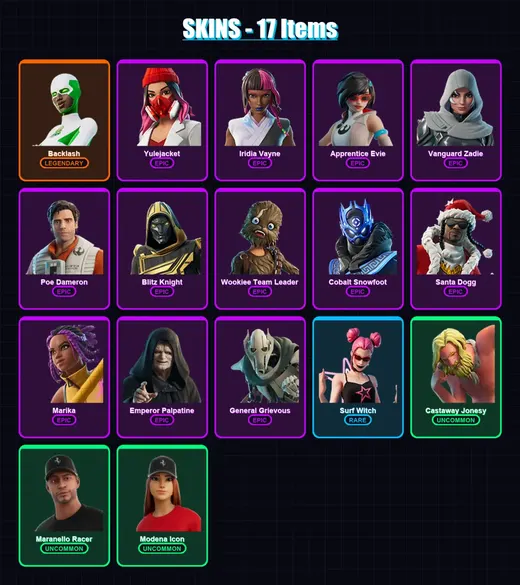 [PS4/PS5/XBOX/PC] | Backlash | Yulejacket | Iridia Vayne | Apprentice Evie | Vanguard Zadie | 17 skin | 41 pickaxe | 22 emote | 22 glider | Lv266 — Game account