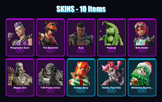[PC/XBOX/PSN] | Ringmaster Scarr | The Machinist | Rust | Peabody | Brite Raider | 10 skin | 14 pickaxe | 11 emote | 18 glider | Lv237