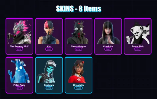 [PC/XBOX/PSN] | The Burning Wolf | Kor | Chaos Origins | Charlotte | Toona Fish | 8 skin | 14 pickaxe | 15 emote | 9 glider | Lv145