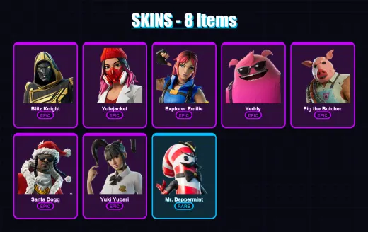 [PC/PSN] | Blitz Knight | Yulejacket | Explorer Emilie | Yeddy | Pig the Butcher | 8 skin | 44 pickaxe | 17 emote | 30 glider | Lv388