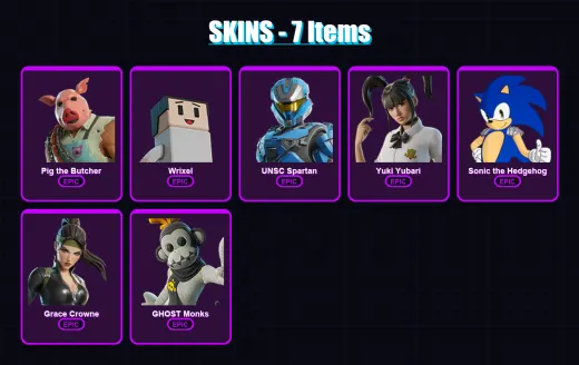 [PC/PSN] | Pig the Butcher | Wrixel | UNSC Spartan | Yuki Yubari | Sonic the Hedgehog | 7 skin | 28 pickaxe | 11 emote | 20 glider | Lv272