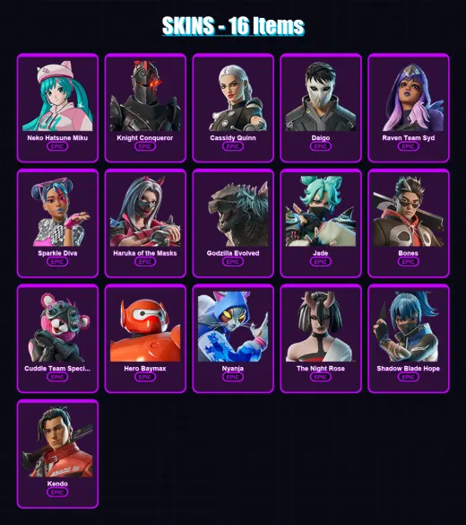 [PC/XBOX/PSN] | Neko Hatsune Miku | Knight Conqueror | Cassidy Quinn | Daigo | Raven Team Syd | 16 skin | 20 pickaxe | 20 emote | 15 glider | Lv129