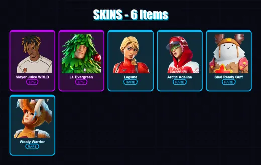 [PC/XBOX/PSN] | Slayer Juice WRLD | Lt. Evergreen | Laguna | Arctic Adeline | Sled Ready Guff | 6 skin | 27 pickaxe | 24 emote | 25 glider | Lv514
