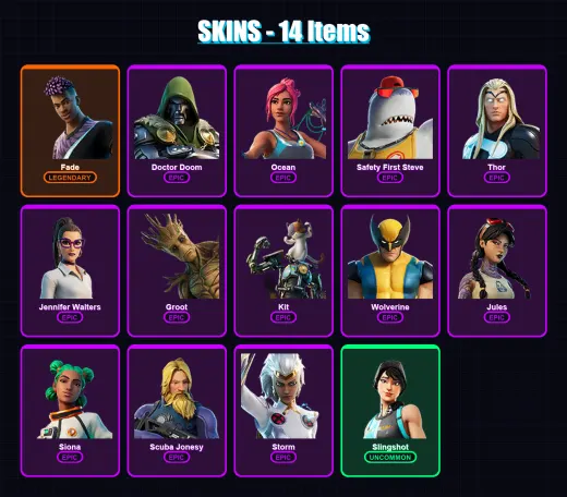 [PC/PSN] | Fade | Doctor Doom | Ocean | Safety First Steve | Thor | 14 skin | 15 pickaxe | 15 emote | 15 glider | Lv228