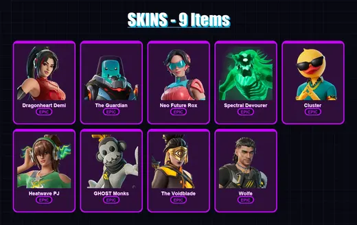 [PC/XBOX/PSN] | Dragonheart Demi | The Guardian | Neo Future Rox | Spectral Devourer | Cluster | 9 skin | 23 pickaxe | 13 emote | 18 glider | Lv143