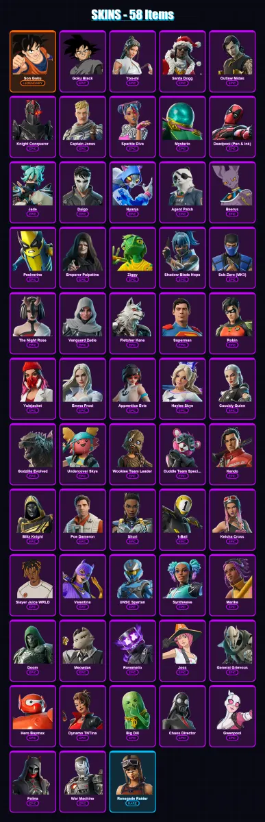 [PS4/PS5/XBOX/PC] | Son Goku | Goku Black | Yoo-mi | Santa Dogg | Outlaw Midas | 58 skin | 95 pickaxe | 69 emote | 63 glider | Lv660