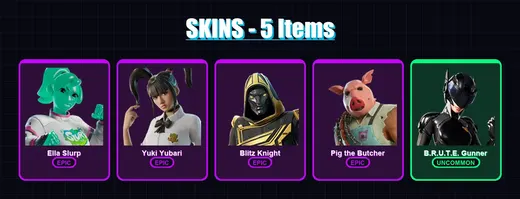 [PC/XBOX/PSN] | Ella Slurp | Yuki Yubari | Blitz Knight | Pig the Butcher | B.R.U.T.E. Gunner | 5 skin | 56 pickaxe | 17 emote | 33 glider | Lv526 — Game account