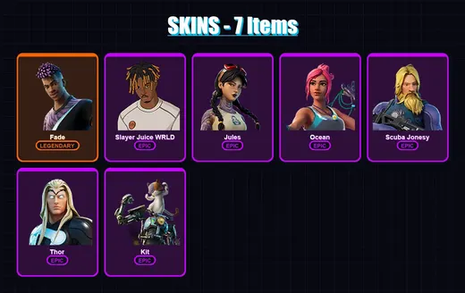 [PC/XBOX/PSN] | Fade | Slayer Juice WRLD | Jules | Ocean | Scuba Jonesy | 7 skin | 8 pickaxe | 7 emote | 12 glider | Lv119