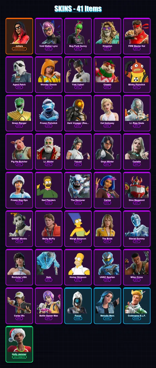 [PS4/PS5/PC] | Joltara | Void Walker Lynx | Bug Punk Sunny | Kingston | FIRE Master Kai | 41 skin | 69 pickaxe | 41 emote | 38 glider | Lv620