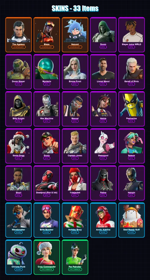 [SWITCH/XBOX/PSN/PC] | The Ageless | Blaze | Nezumi | Doom | Slayer Juice WRLD | 33 skin | 87 pickaxe | 51 emote | 76 glider | Lv1120