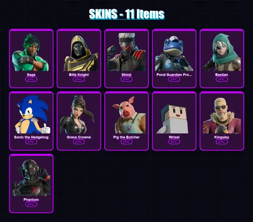 [PS4/PS5/PC] | Sage | Blitz Knight | Shinji | Pond Guardian Froggory | Bastian | 11 skin | 61 pickaxe | 15 emote | 27 glider | Lv367