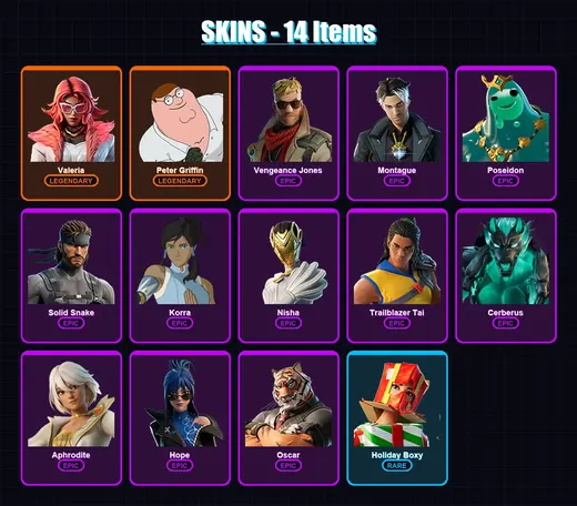 [PC/XBOX] | Valeria | Peter Griffin | Vengeance Jones | Montague | Poseidon | 14 skin | 25 pickaxe | 17 emote | 25 glider | Lv270