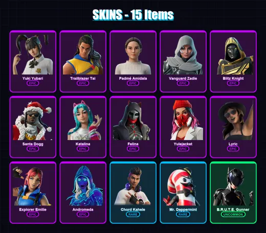 [PC/XBOX/PSN] | Yuki Yubari | Trailblazer Tai | Padmé Amidala | Vanguard Zadie | Blitz Knight | 15 skin | 83 pickaxe | 28 emote | 52 glider | Lv2028