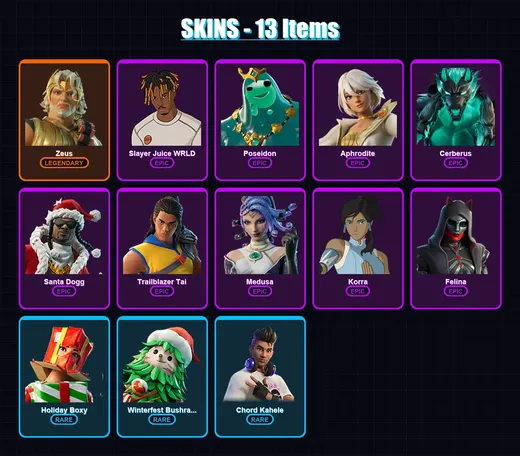 [PS4/PS5/XBOX/PC] | Zeus | Slayer Juice WRLD | Poseidon | Aphrodite | Cerberus | 13 skin | 39 pickaxe | 23 emote | 34 glider | Lv549