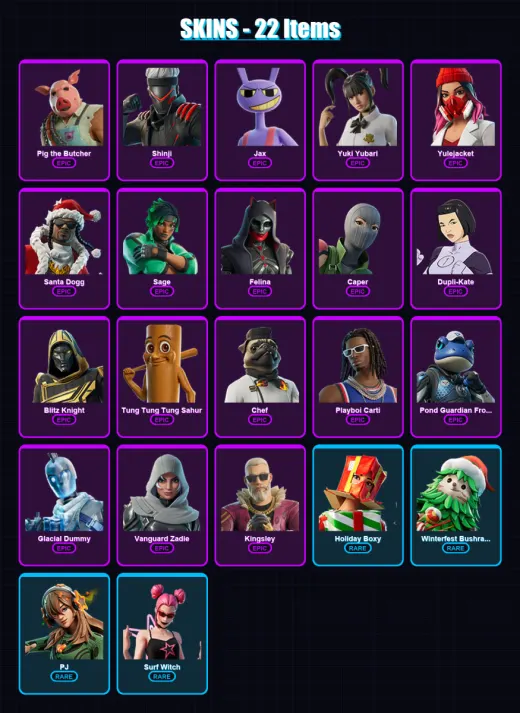 [PS4/PS5/XBOX/PC] | Pig the Butcher | Shinji | Jax | Yuki Yubari | Yulejacket | 22 skin | 113 pickaxe | 46 emote | 55 glider | Lv1409 — Game account