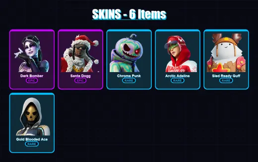 [PS4/PS5/XBOX/PC] | Dark Bomber | Santa Dogg | Chrome Punk | Arctic Adeline | Sled Ready Guff | 6 skin | 40 pickaxe | 20 emote | 30 glider | Lv522