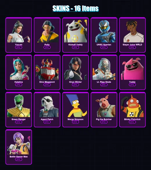 [PC/XBOX] | Yoo-mi | Polly | Kickoff Yeddy | UNSC Spartan | Slayer Juice WRLD | 16 skin | 38 pickaxe | 21 emote | 19 glider | Lv277