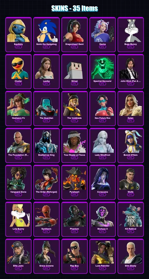 [PC/PSN] | Squibbly | Sonic the Hedgehog | Dragonheart Demi | Dasha | Bugs Bunny | 35 skin | 57 pickaxe | 37 emote | 43 glider | Lv731