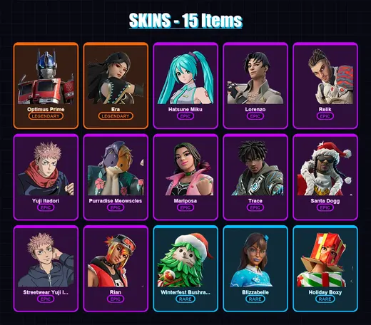 [PS4/PS5/XBOX/PC] | Optimus Prime | Era | Hatsune Miku | Lorenzo | Relik | 15 skin | 42 pickaxe | 28 emote | 40 glider | Lv395