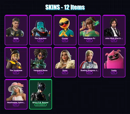 [PC/XBOX] | Wolfe | The Guardian | Cluster | Heatwave PJ | John Wick (Pen & Ink) | 12 skin | 27 pickaxe | 18 emote | 29 glider | Lv662