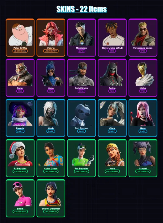 [PC/XBOX/PSN] | Peter Griffin | Valeria | Montague | Slayer Juice WRLD | Vengeance Jones | 22 skin | 47 pickaxe | 27 emote | 37 glider | Lv713