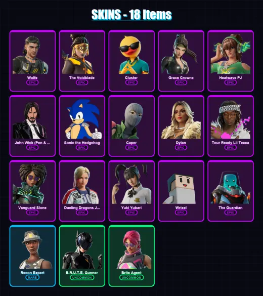 [PC/XBOX] | Wolfe | The Voidblade | Cluster | Grace Crowne | Heatwave PJ | 18 skin | 39 pickaxe | 22 emote | 27 glider | Lv437