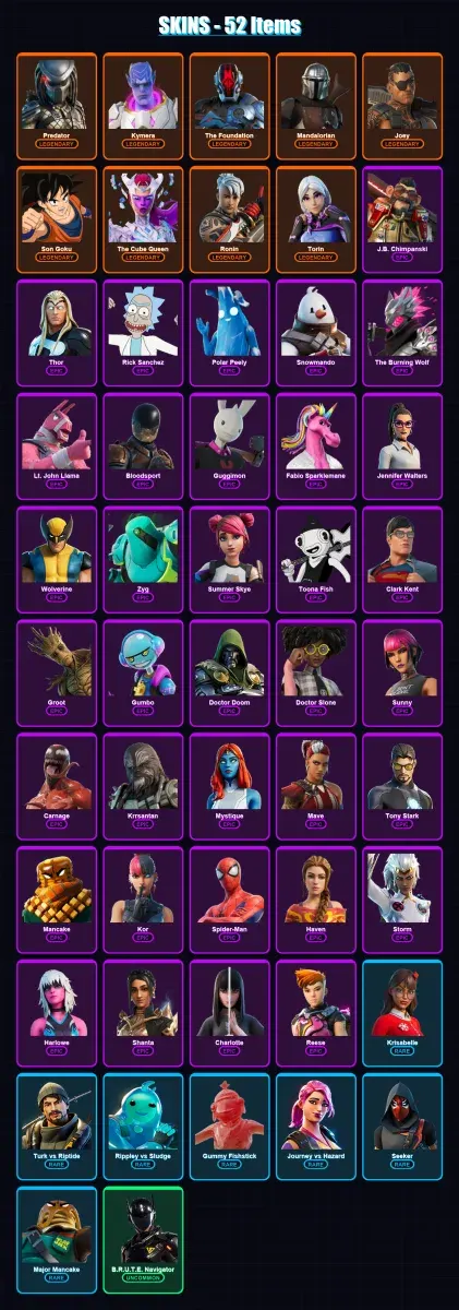 [SWITCH/XBOX/PSN/PC] | Predator | Kymera | The Foundation | Mandalorian | Joey | 52 skin | 64 pickaxe | 48 emote | 59 glider | Lv1101