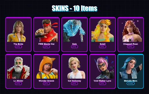 [PC/XBOX/PSN] | The Bride | FIRE Master Kai | Gale | Soleil | Chappell Roan | 10 skin | 13 pickaxe | 12 emote | 9 glider | Lv48
