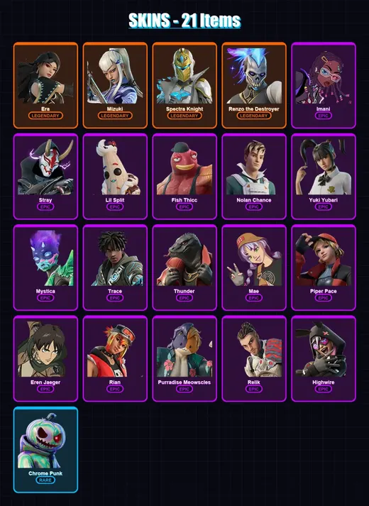 [PC/XBOX/PSN] | Era | Mizuki | Spectra Knight | Renzo the Destroyer | Imani | 21 skin | 47 pickaxe | 24 emote | 48 glider | Lv567