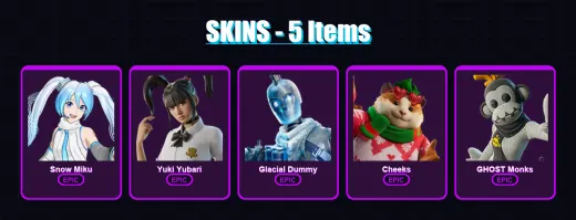 [PC/XBOX/PSN] | Snow Miku | Yuki Yubari | Glacial Dummy | Cheeks | GHOST Monks | 5 skin | 26 pickaxe | 10 emote | 17 glider | Lv178