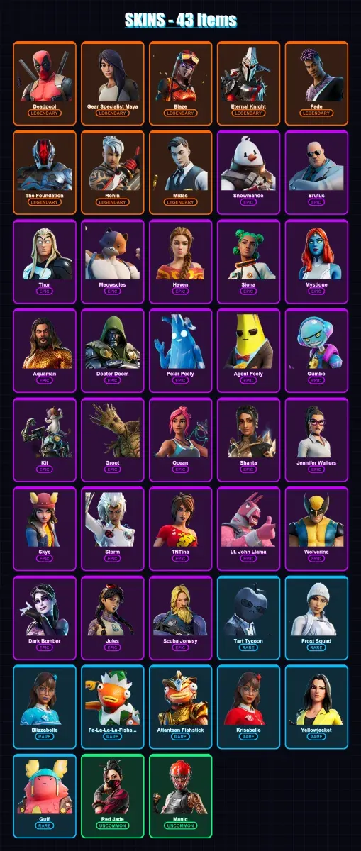 [PC/XBOX/PSN] | Deadpool | Gear Specialist Maya | Blaze | Eternal Knight | Fade | 43 skin | 41 pickaxe | 36 emote | 37 glider | Lv565